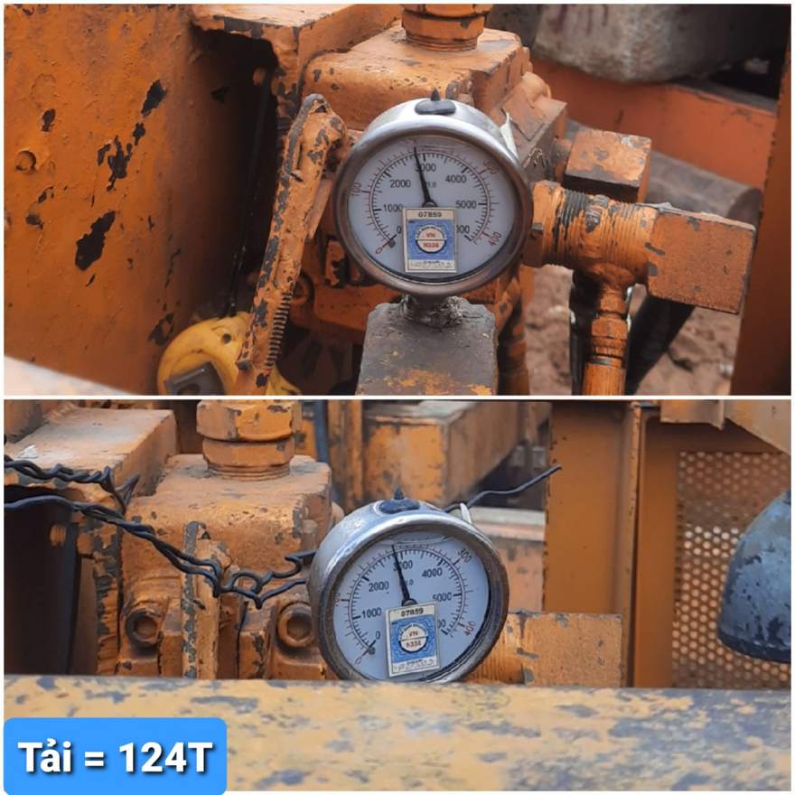 Đồng hồ lực ép: tải 124 tấn, đối chiếu Pmin–Pmax